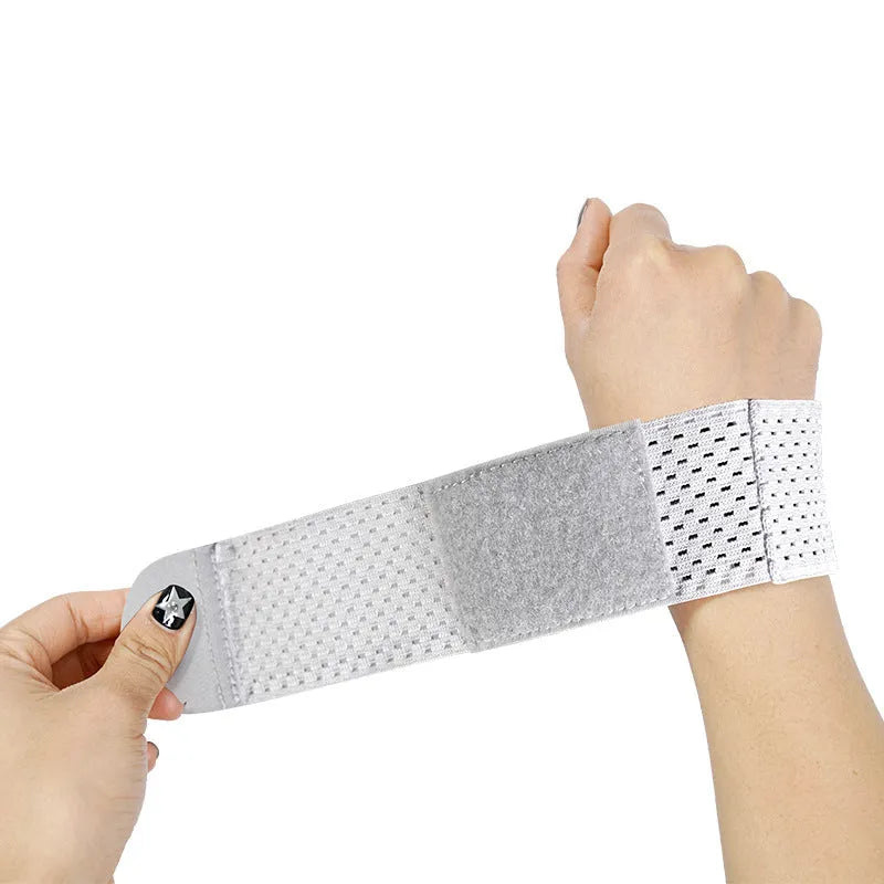 High elasticity breathable athletic wristguard for wrist support in black, grey, and pink.