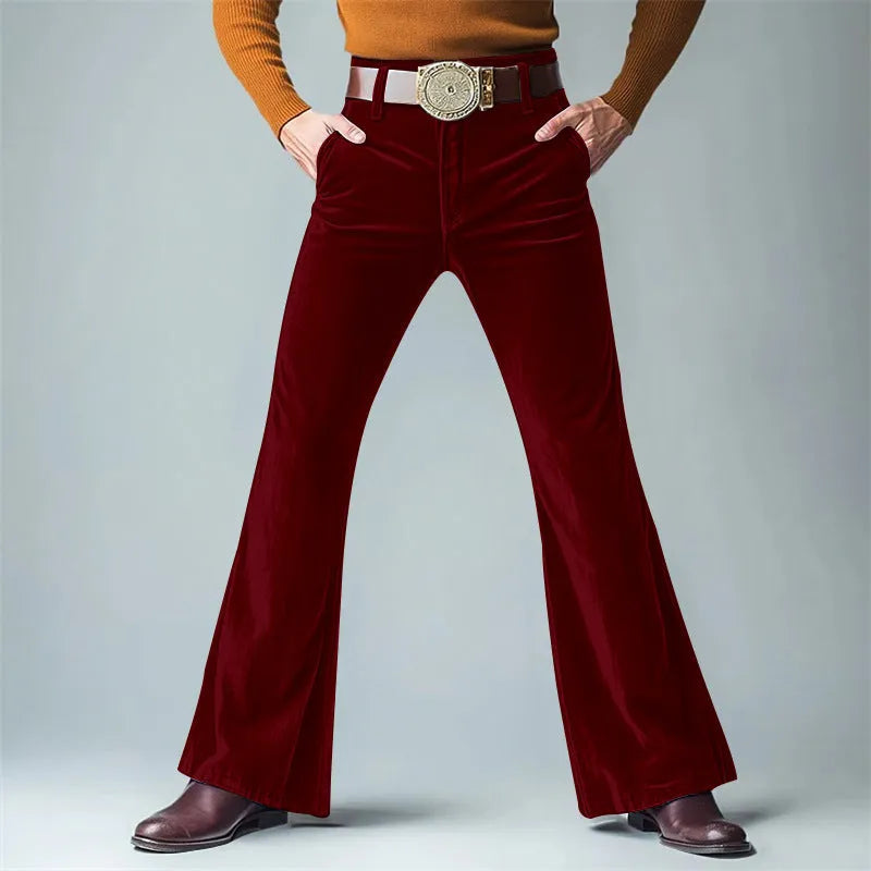 Men's gold velvet slim flared suit pants in black colour for formal banquet wear