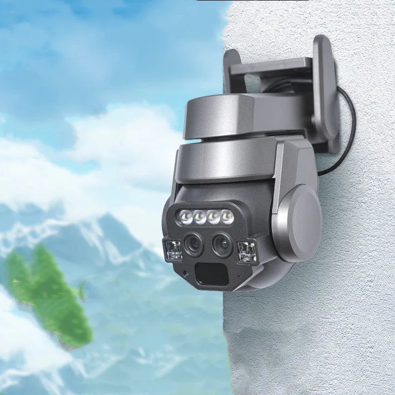 V380 outdoor security camera with solar panel showing 10x zoom capability and 4G connectivity