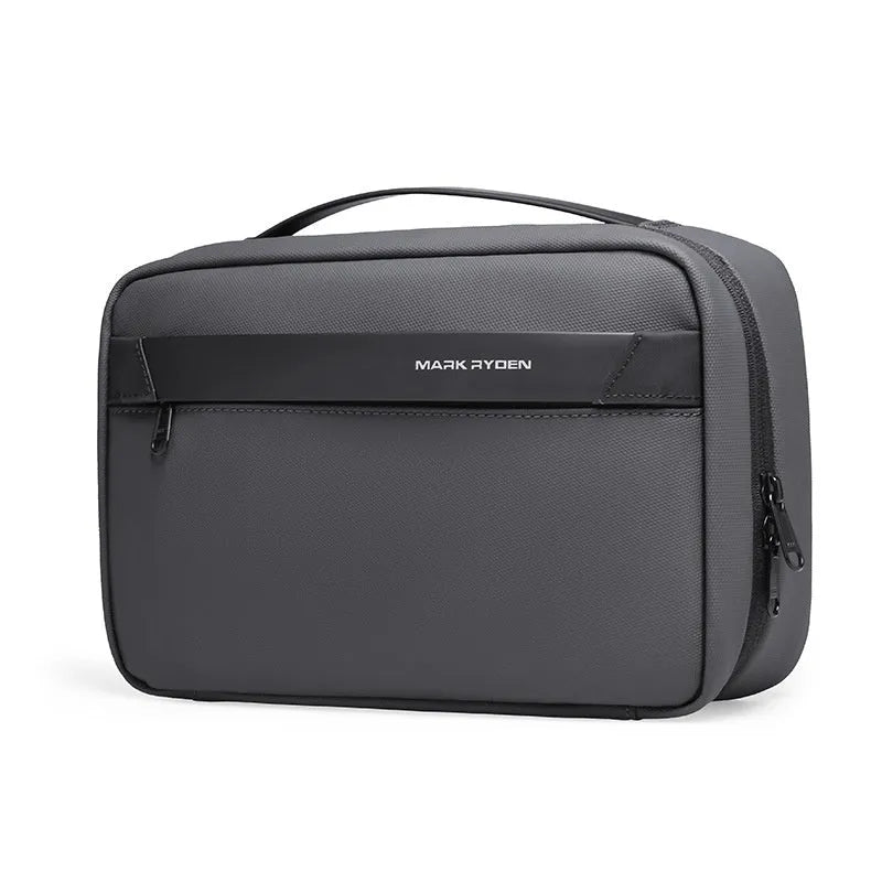 Men's portable Oxford cloth toiletries bag with wet dry separation compartments in graphite gray.