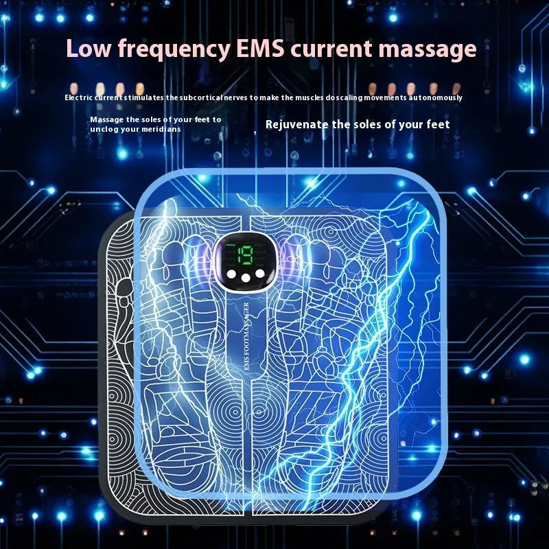 Blue rechargeable reflexology foot massager mat with USB charging cable and remote control