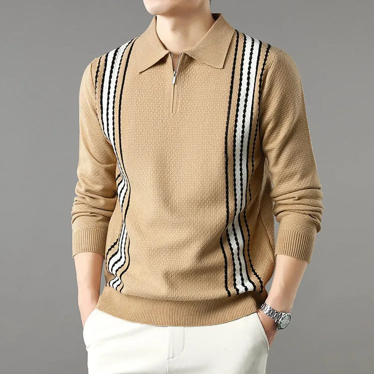 Men's half-zip long sleeve polo sweater in camel yellow with striped colour block pattern and turn-down collar.