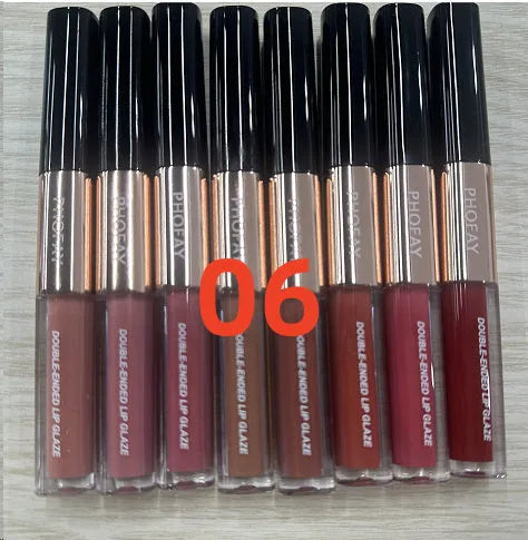C-L021 double-head non-stick cup lip gloss showing two applicator tips and available in eight colour shades
