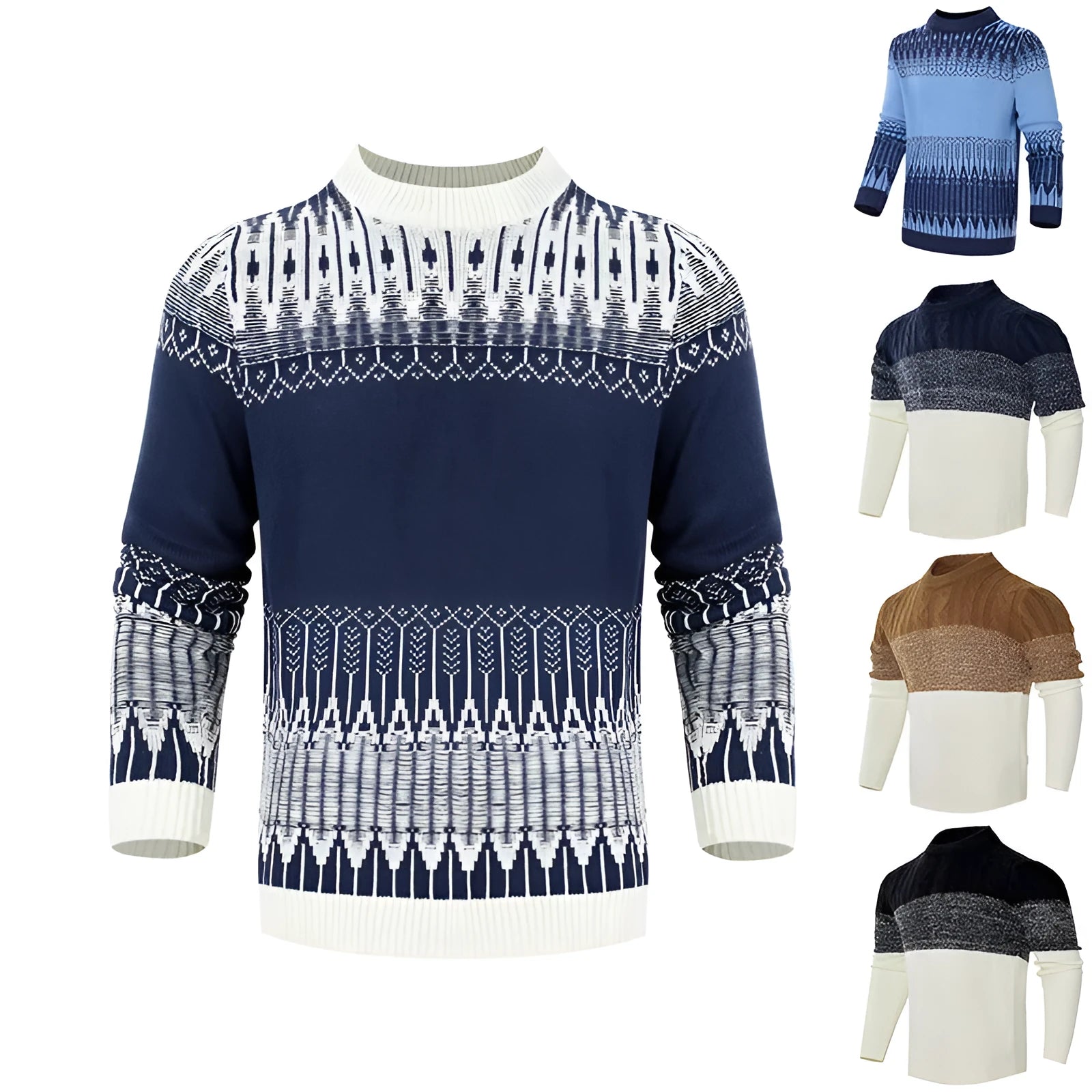 Men's grey crew neck knitted sweater with long sleeves laid flat