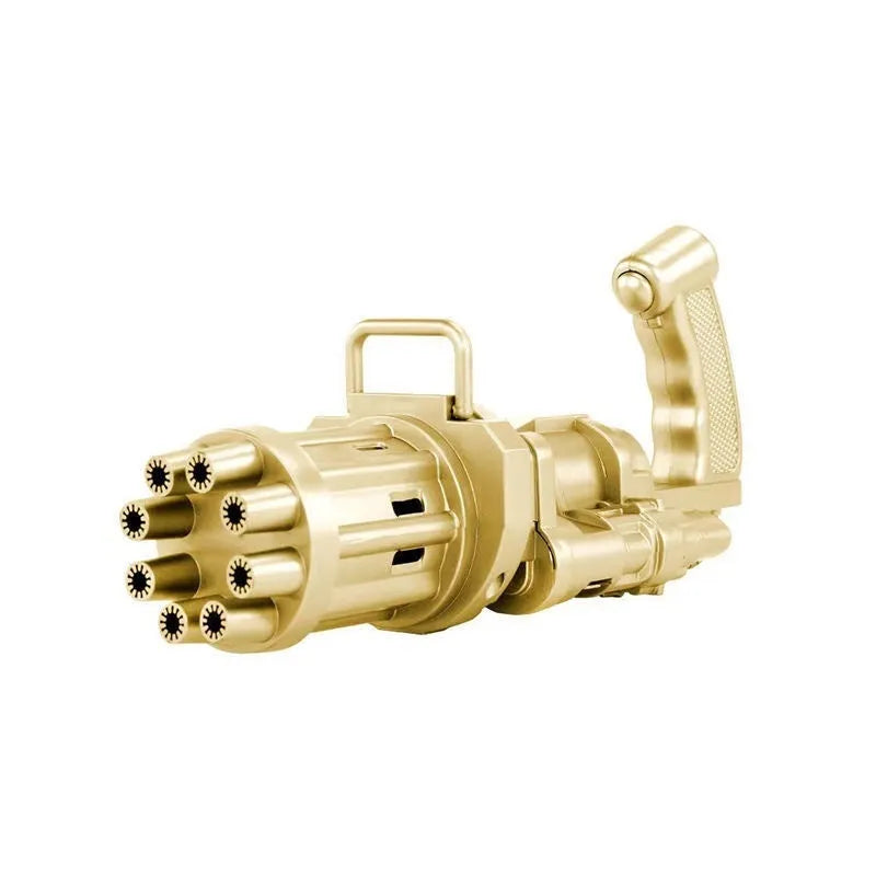 Kids bubble machine gun toy in pink, gold, or black colours with battery compartment and bubble solution
