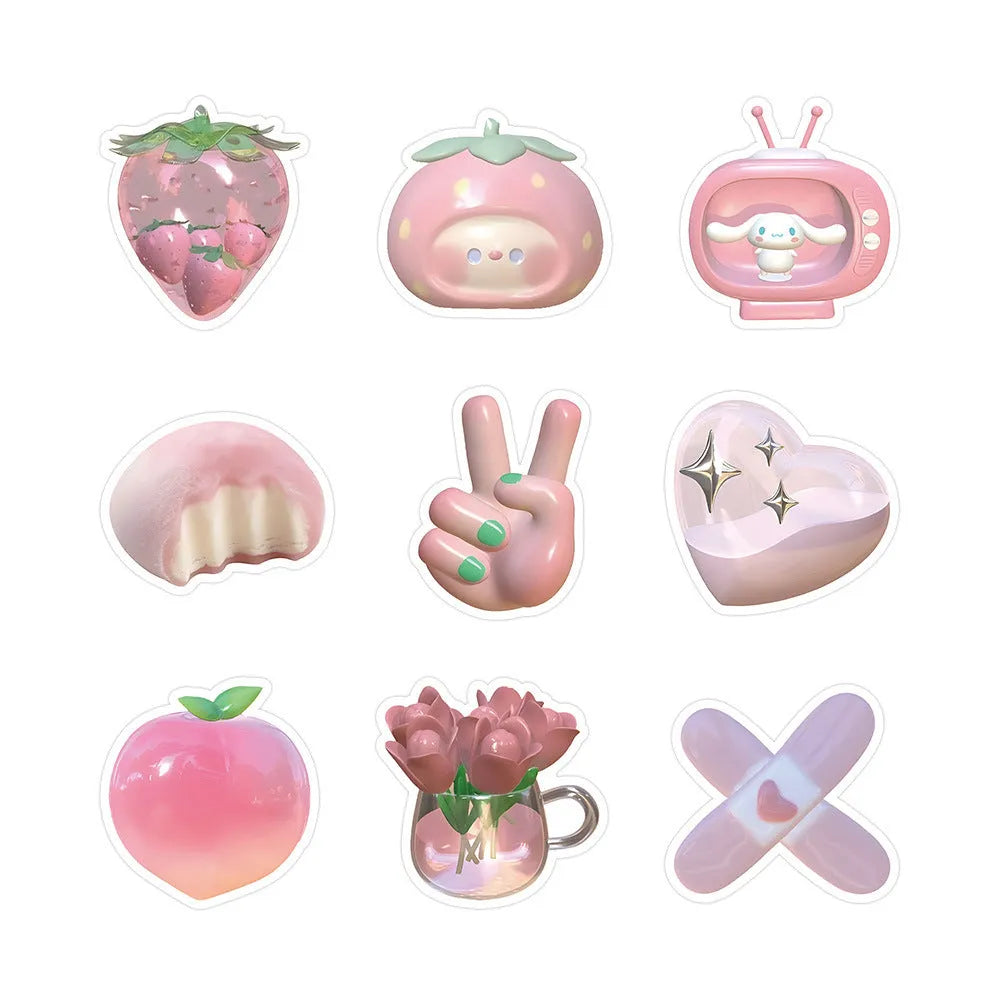 Close-up of realistic 3D decorative stickers showing pink girl and heart designs from a 63-piece set.
