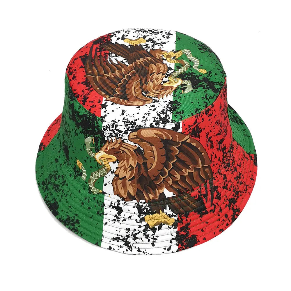 Eagle pattern retro bucket hat with dome crown in polyester fabric, size M for 56-58cm head circumference