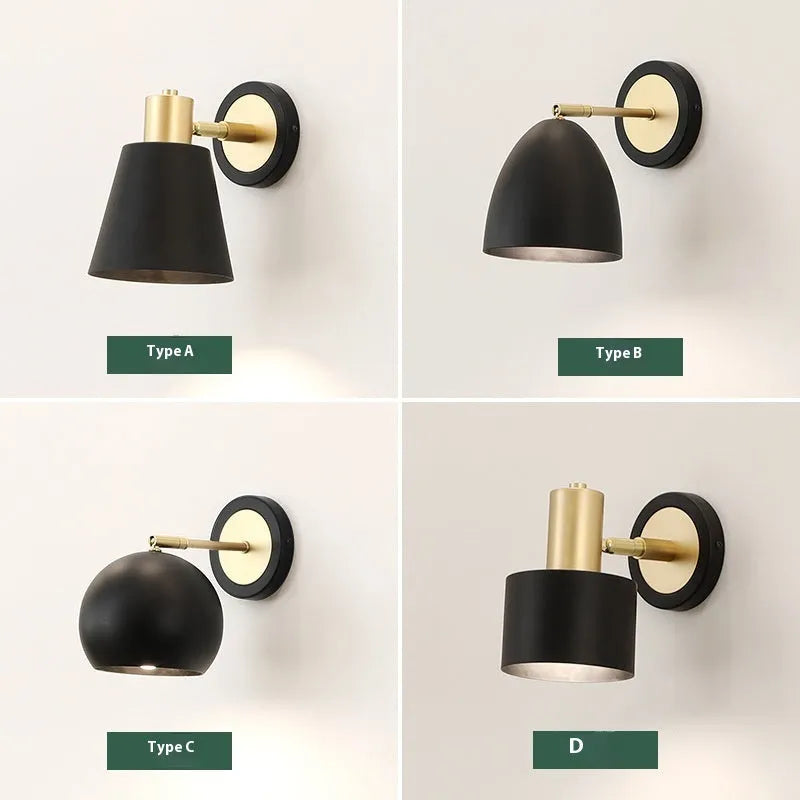 Black iron Nordic-style wall lamp mounted beside a bed with four different shade design options.