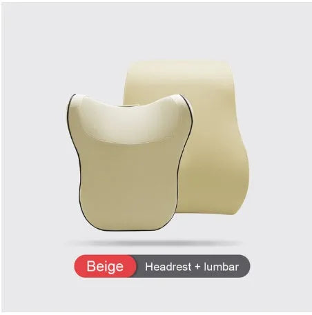 Car headrest and lumbar support cushion set in gray on a car seat