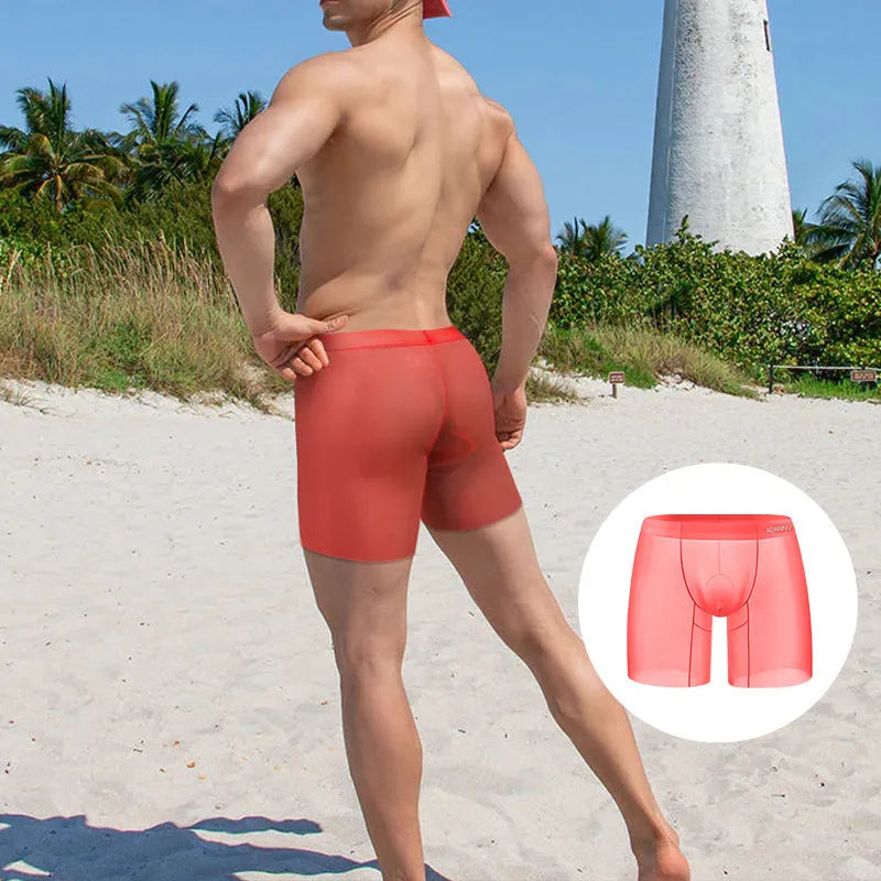 Men's low waist ice silk boxers in solid orange, pink, or red colours