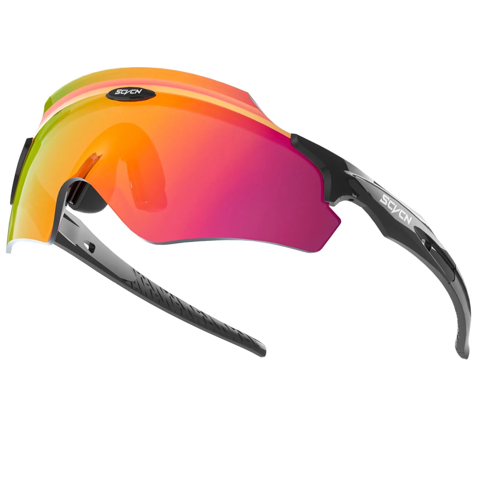 Frameless windproof sports goggles with a colourful single lens for athletic use.