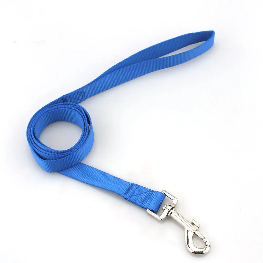 Solid colour polyester dog tug-of-war rope toy shown in blue, with hand loops, for interactive play with pets.