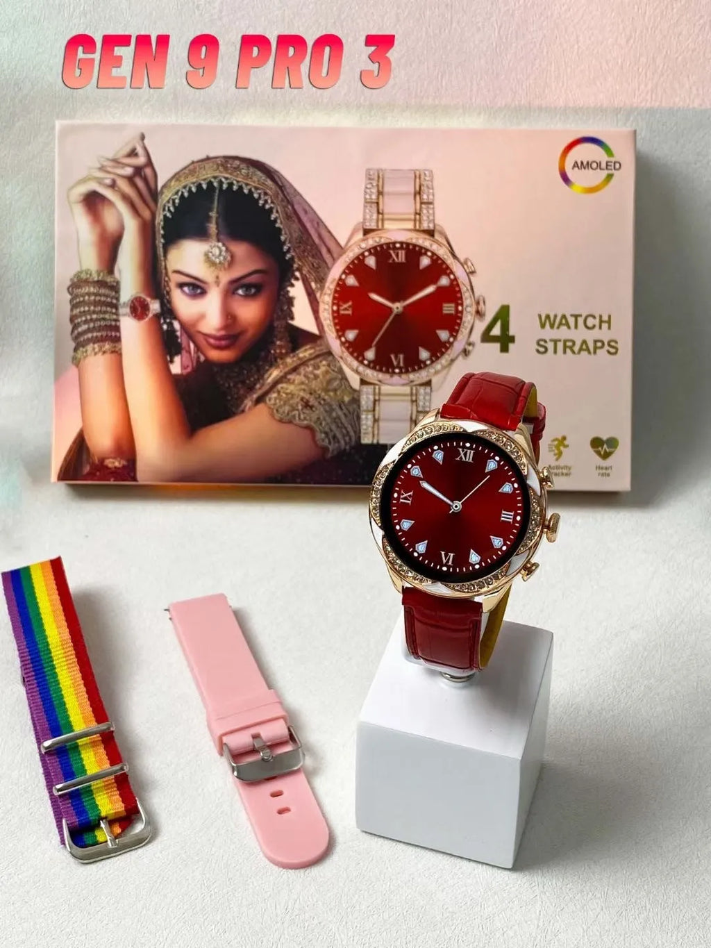 Ladies smartwatch with heart rate and blood pressure monitor, black colour, with four interchangeable watchband options