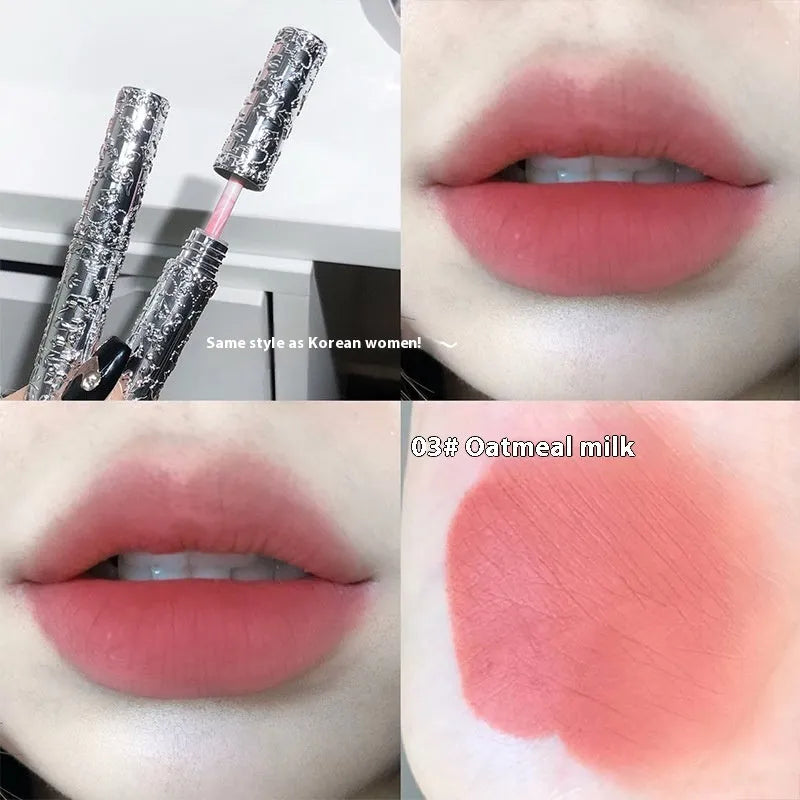 Velvet Mist Lip Mud Matte White Lipstick in six waterproof shades displayed in standard packaging