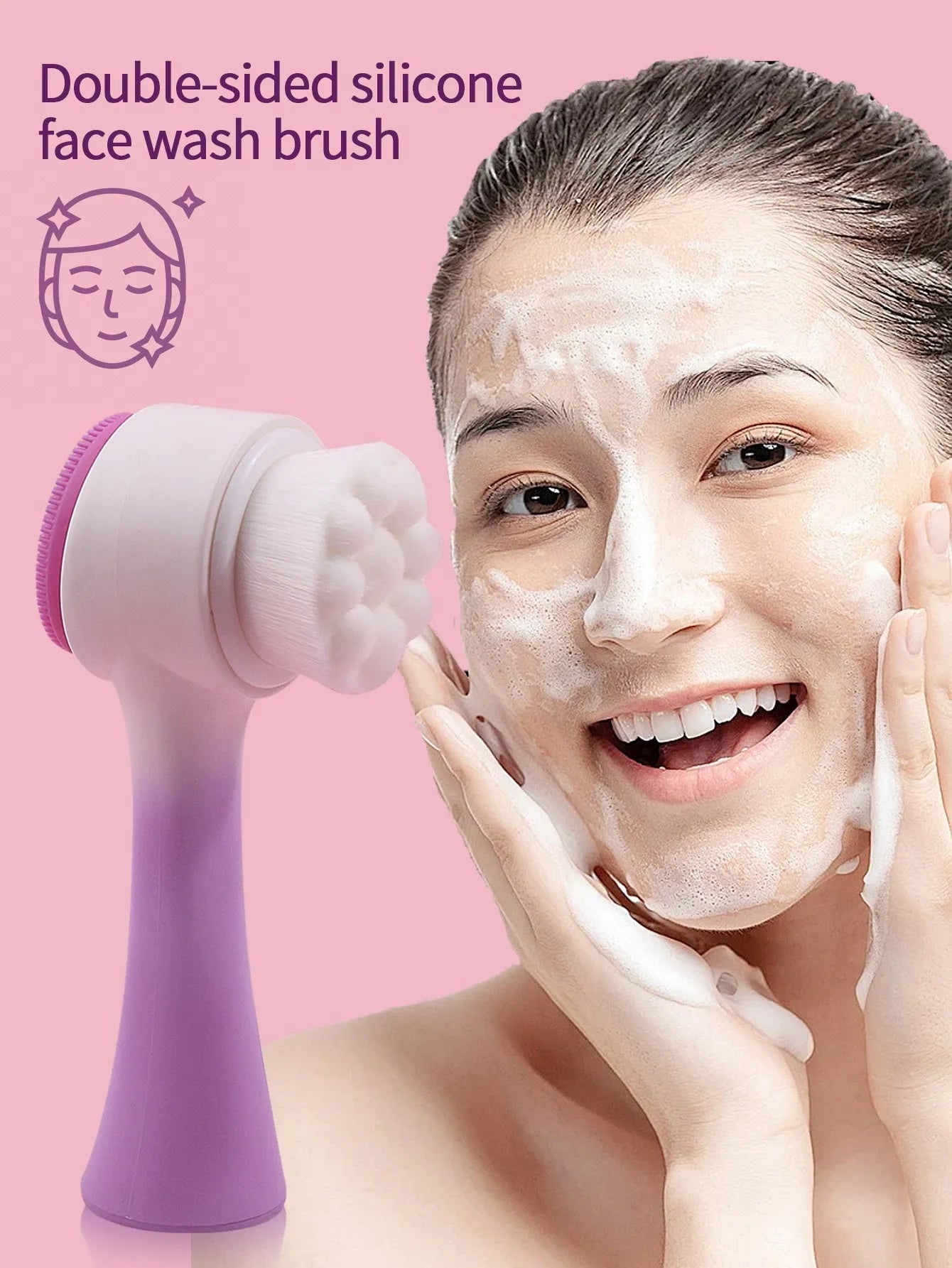 Facial brush set with coral fleece hair band and four nylon brush heads in purple grey white pink colours