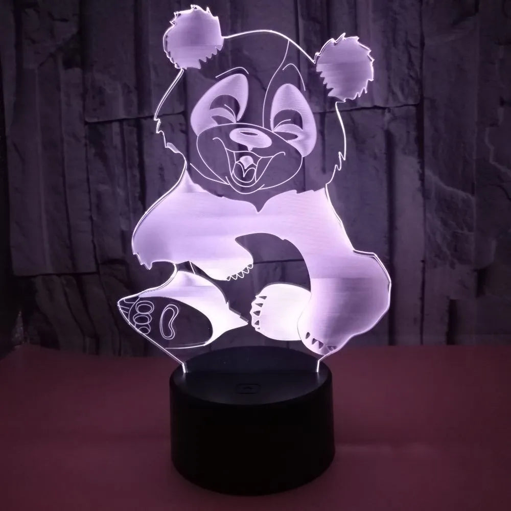 Panda 3D night light with black ABS base and clear acrylic panel showing colourful gradient lighting.