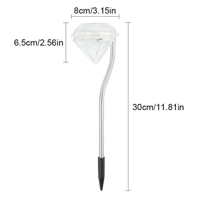 White solar-powered diamond-shaped garden spotlight with adjustable head on a stake.