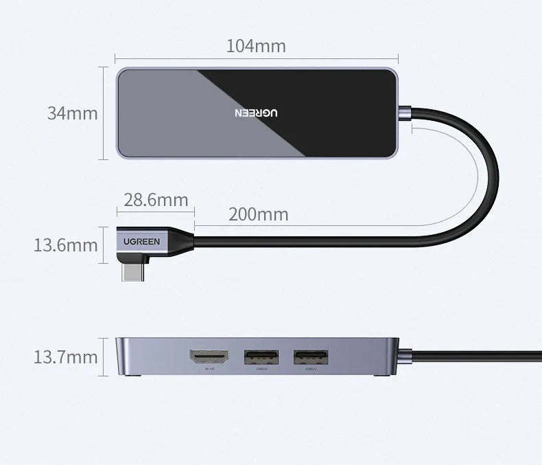 Space gray multi-function USB 3.0 adapter with HDMI, Gigabit Ethernet, and dual USB 3.0 ports on 0.2m cable