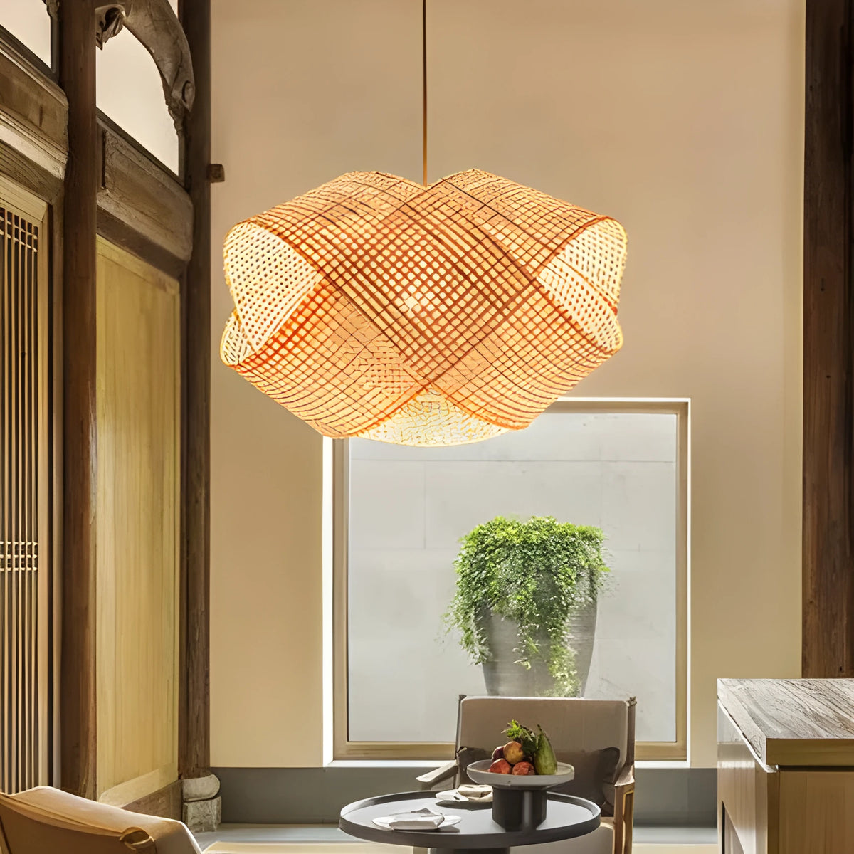 Bamboo woven rattan ceiling lamp New Chinese style pendant light adjustable height 1.5m for restaurant