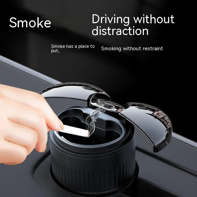Black metal smart car ashtray with lid showing infrared sensor and touch panel.