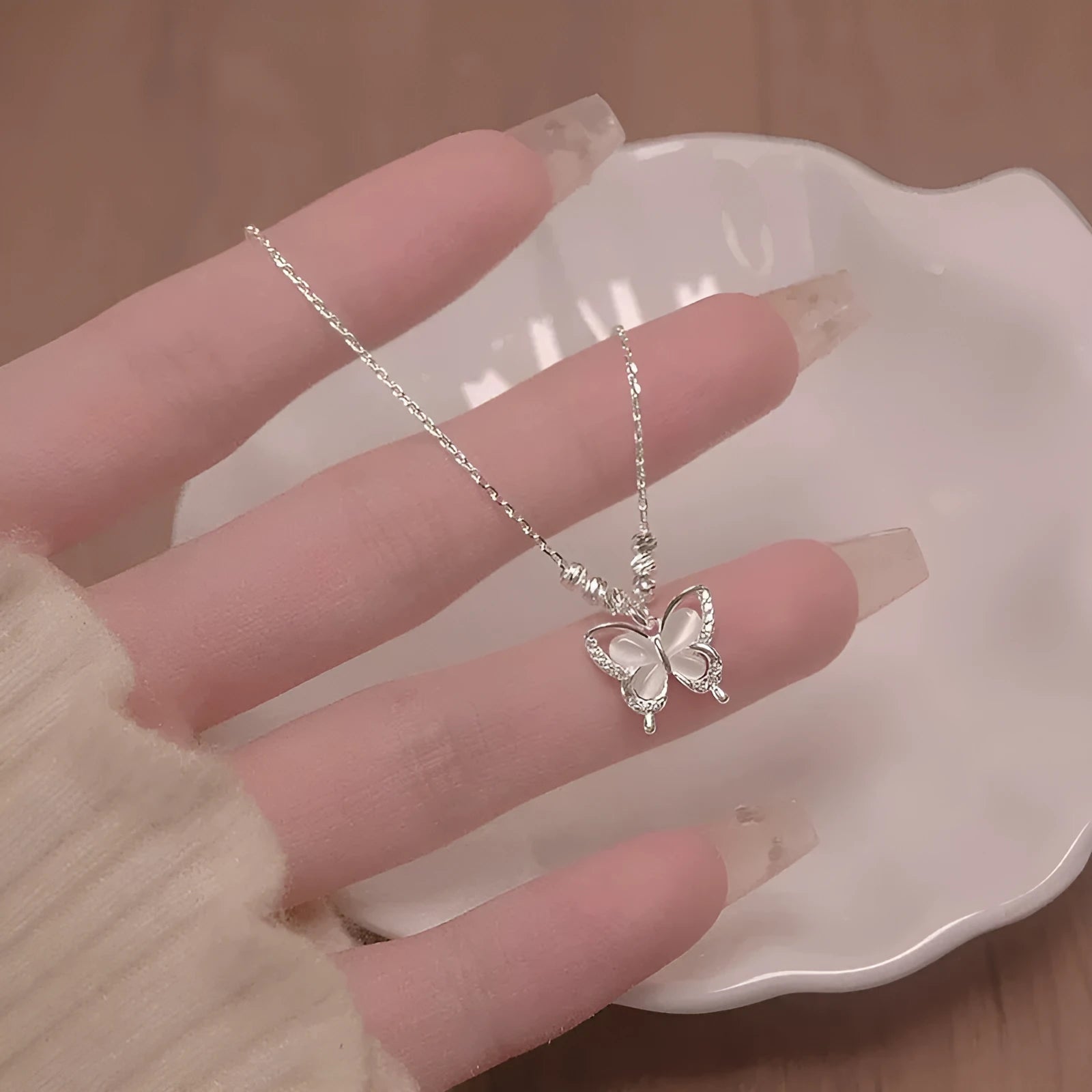 Sterling silver butterfly necklace with square opal pendant on cross chain, adjustable 41-50cm