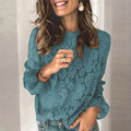 Loose-fitting women's hollow lace shirt in a polyester blend, shown in one of five colours: green, black, blue, rose red, or brown.