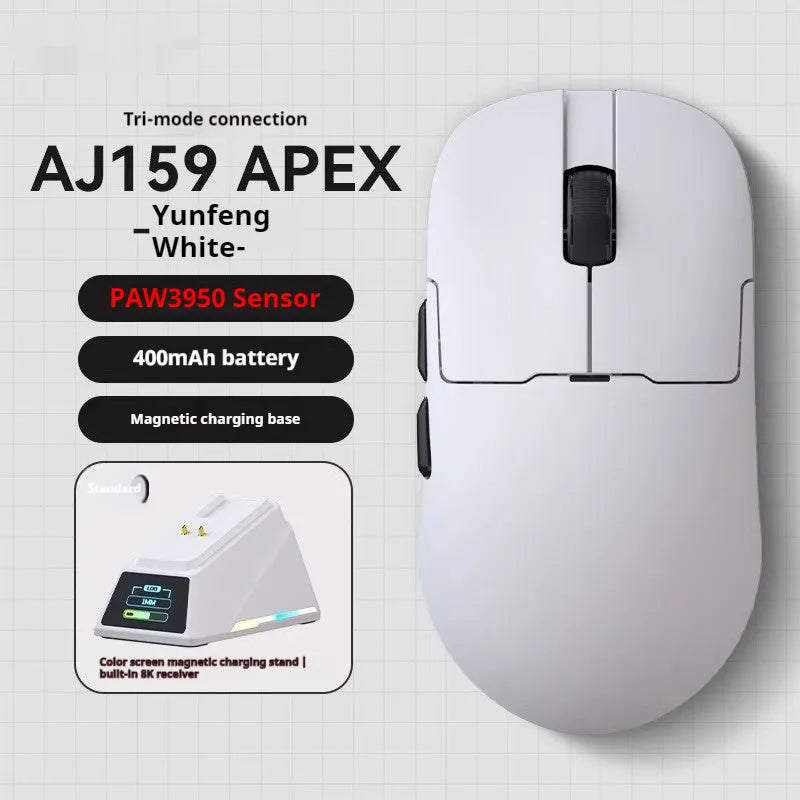 AJ159 gaming mouse in various colours showing compact design with Teflon feet.