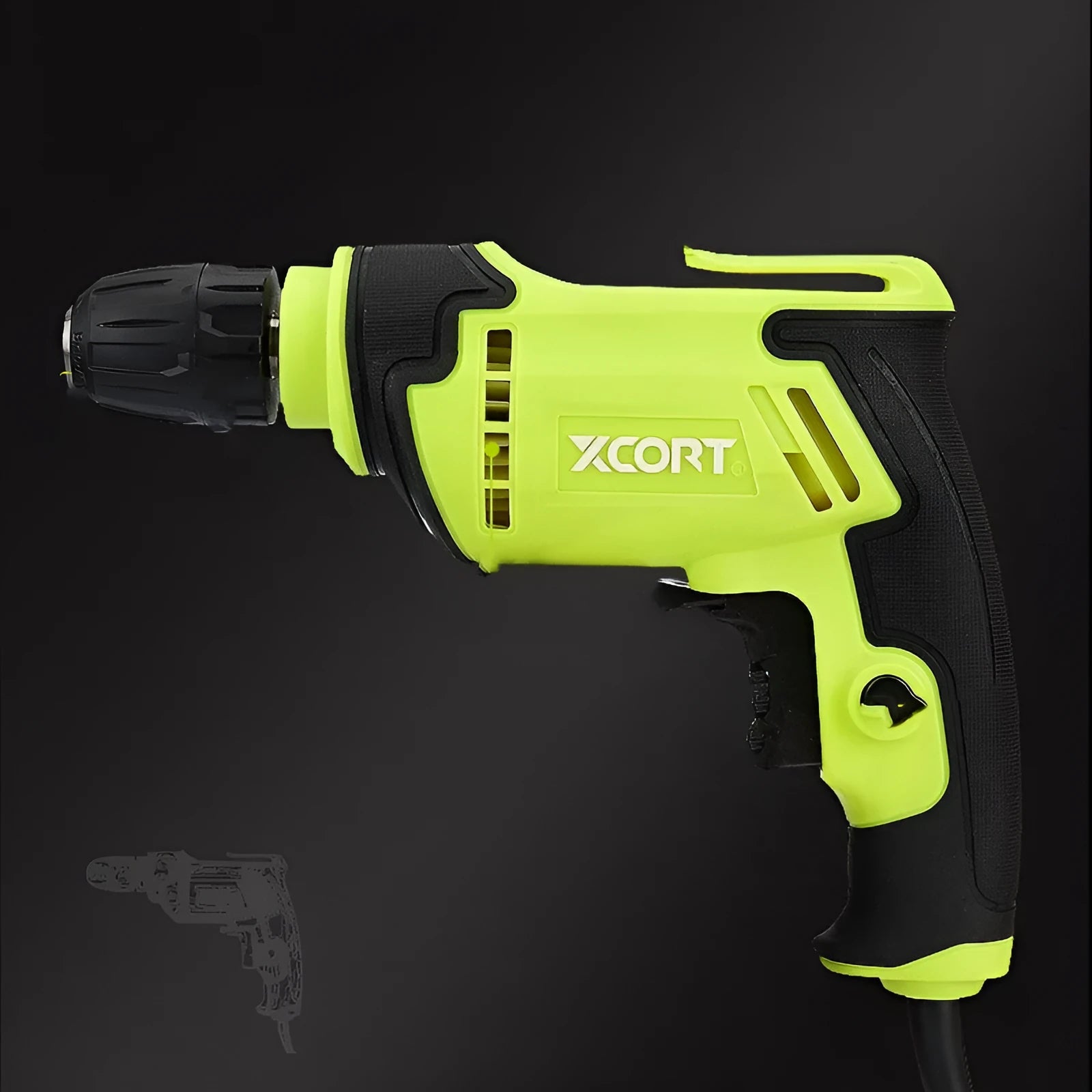 Pistol-grip 450W AC electric drill with a 10mm chuck on a workbench.