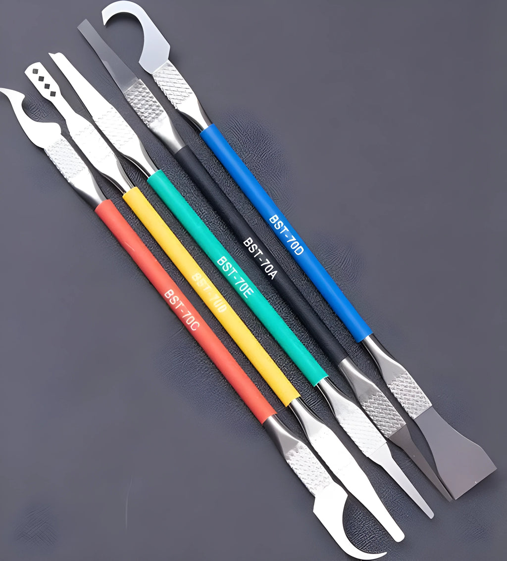 Five piece stainless steel plastic disassembly tool set with thin 0.07mm blades