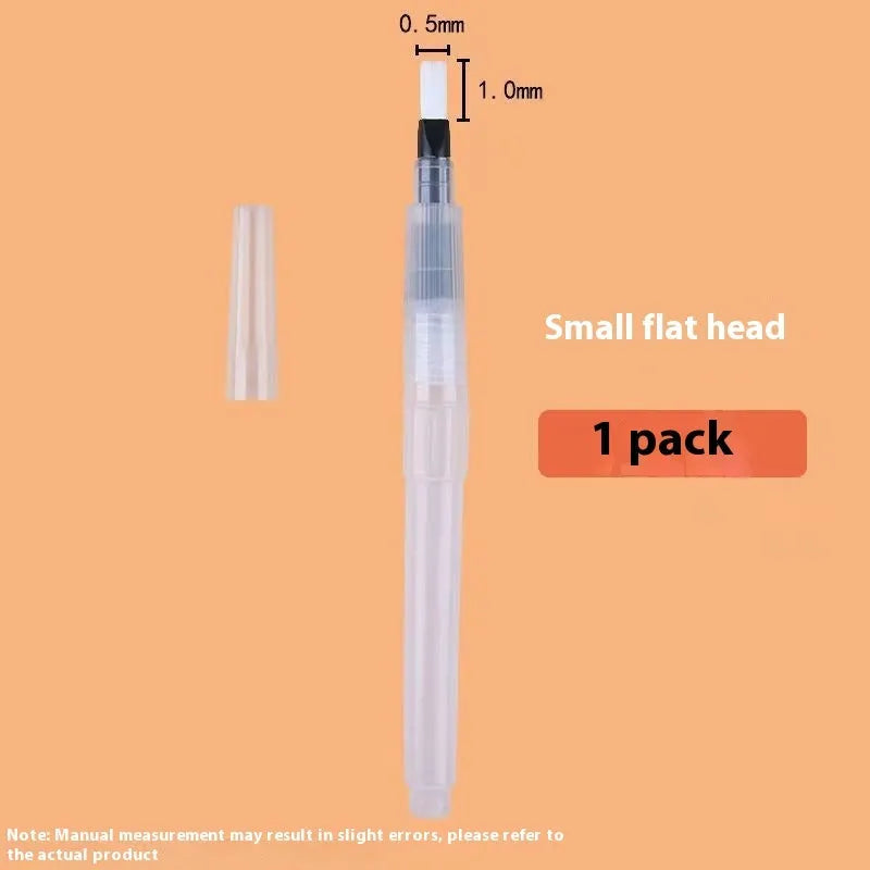 Six-piece watercolor pen set with pointed and flat tips in assorted sizes, plastic body
