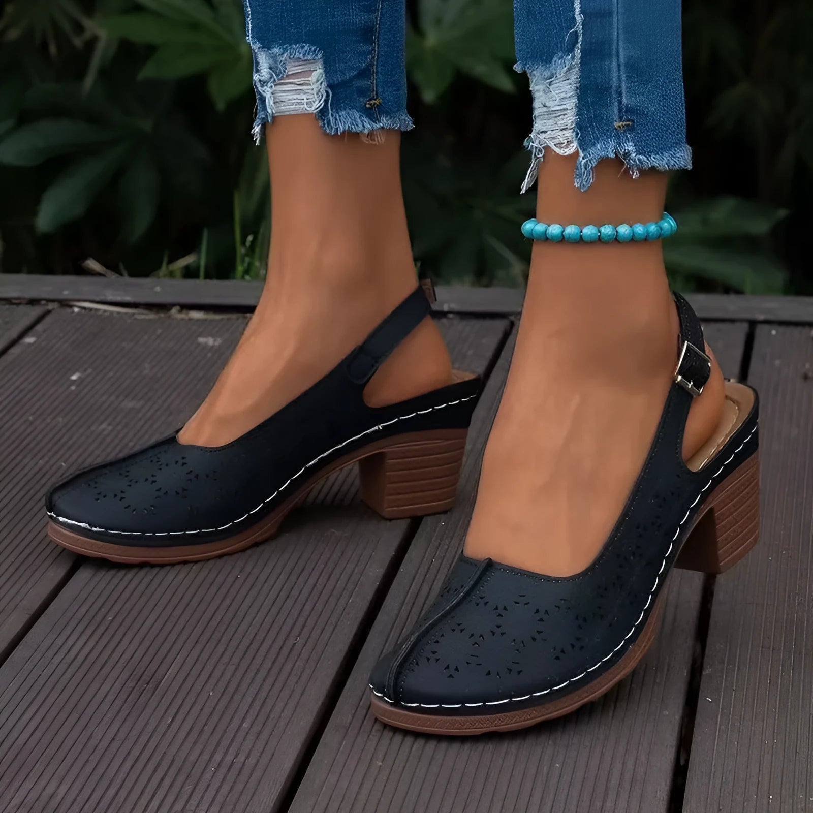 Women's closed toe wedge sandals in black, creamy-white, wine red, blue, or brown colours, showing round toe design and wedge heel