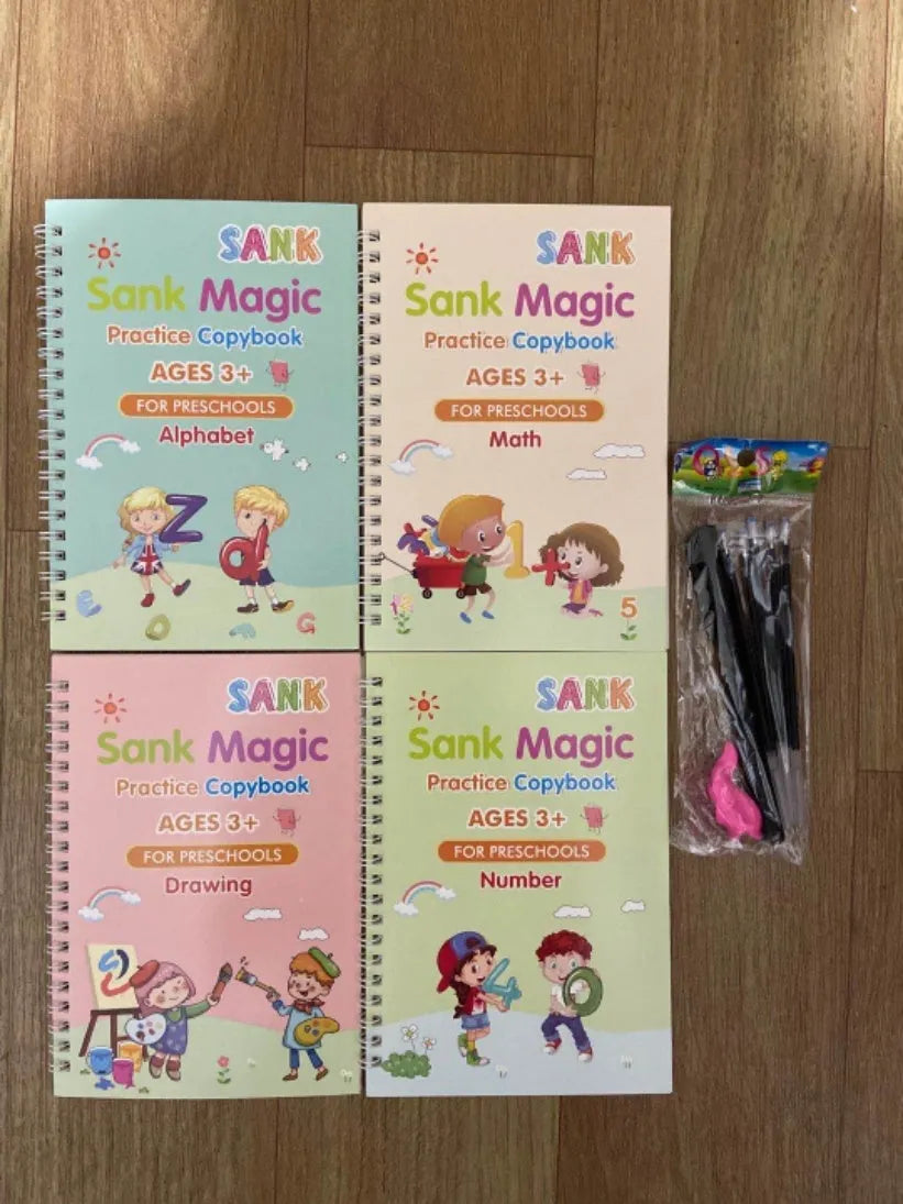 Children's magic calligraphy copybook set showing four coloured books, magic stylus pen, and refills with 3D slot writing design