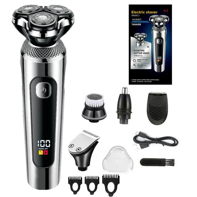 Digital USB rechargeable beard trimmer with LED display on its five-in-one charging base.