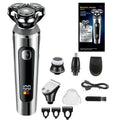 Digital USB rechargeable beard trimmer with LED display on its five-in-one charging base.