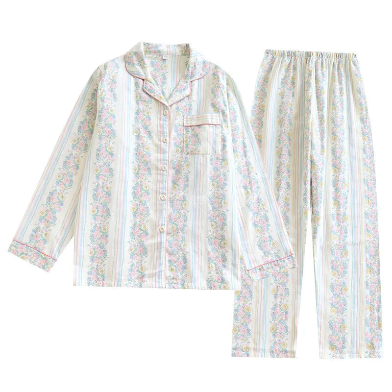 Ladies' cotton gauze two-piece loungewear set with long sleeves and trousers in a stripe print.