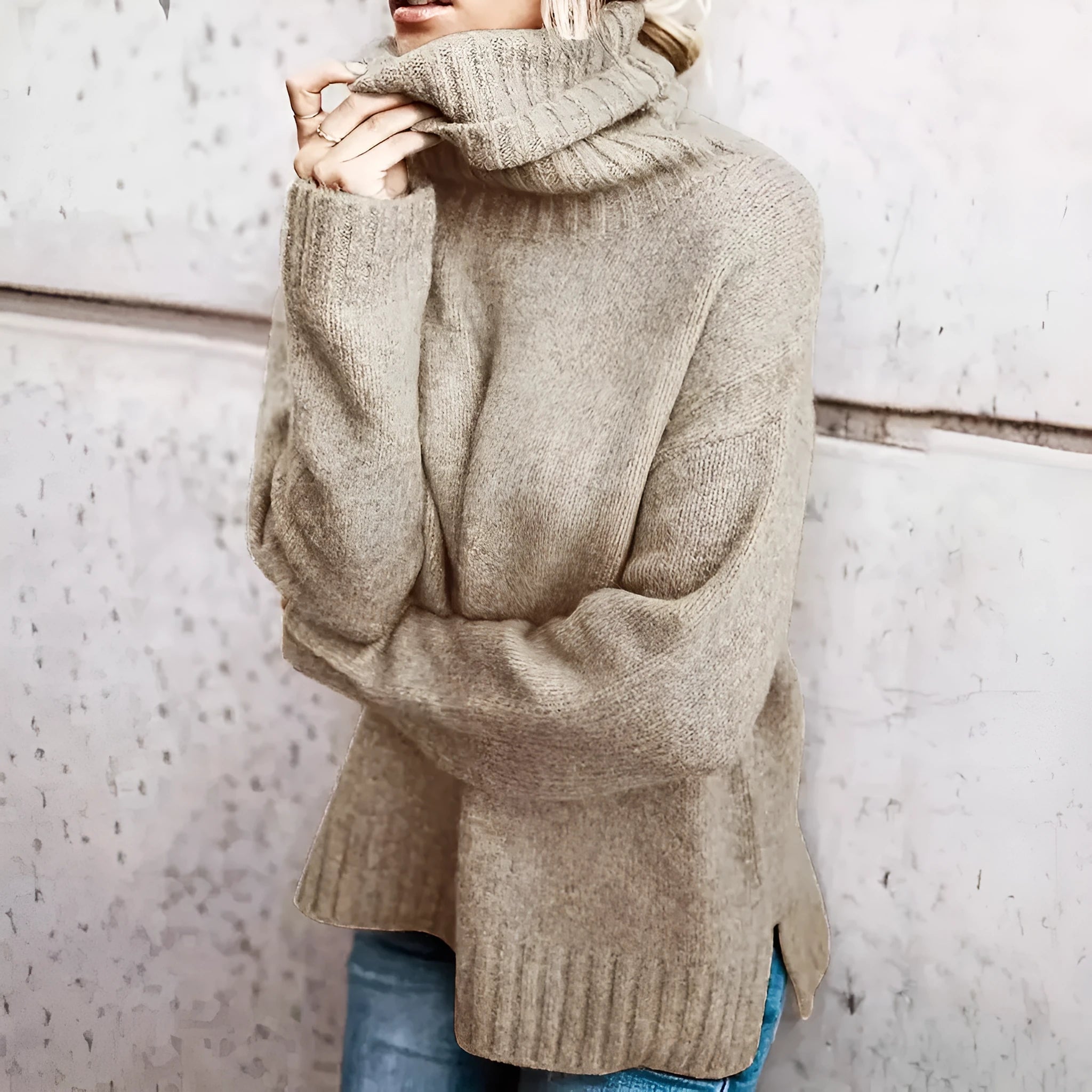 Plus size women's khaki turtleneck long sleeve sweater pullover with drop shoulders