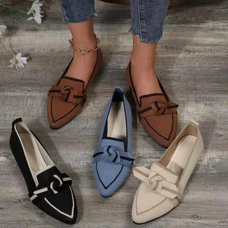 Women's pointed toe bow flat shoes in flyknit, slip-on design, available in five colours and sizes 36-43