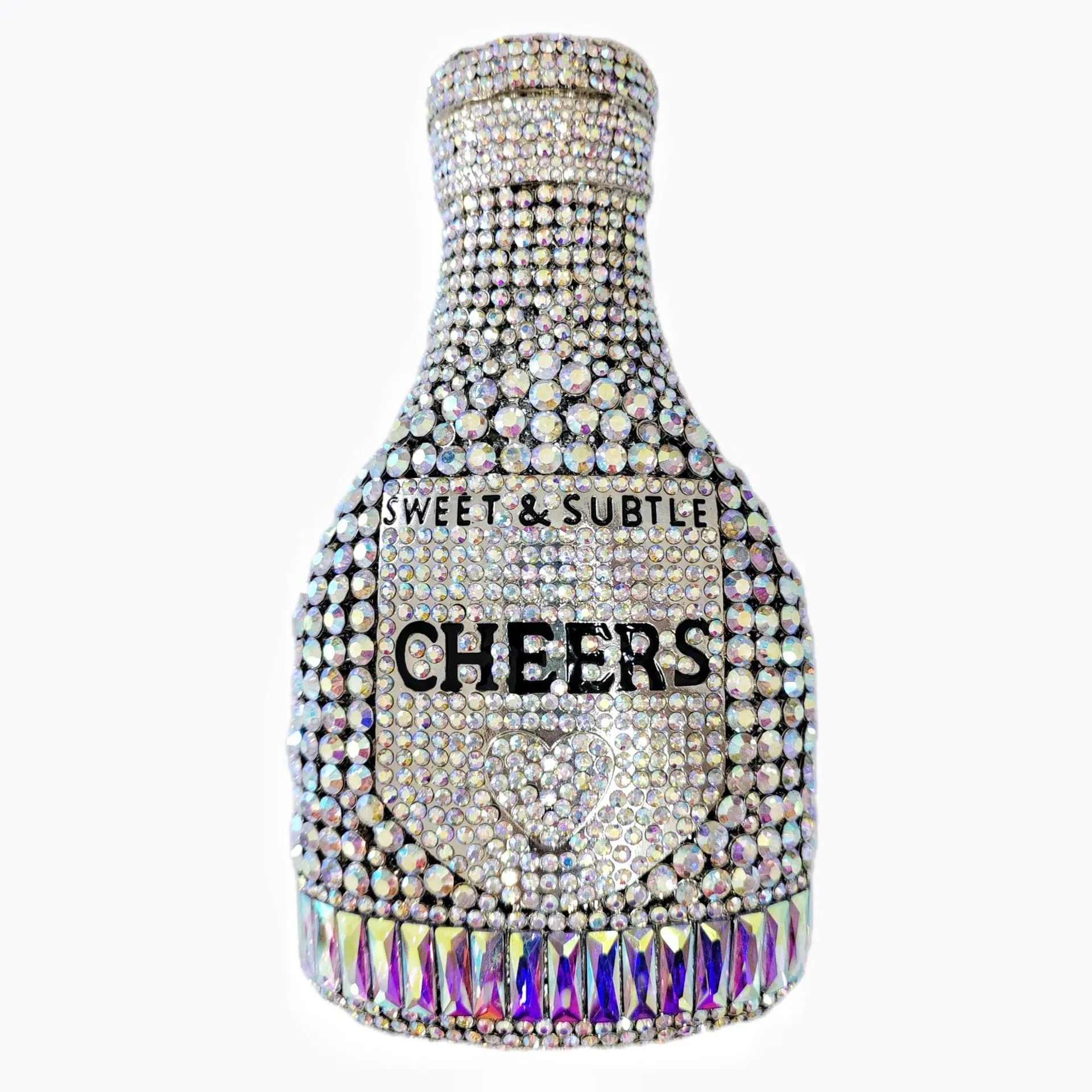 Gold champagne bottle shaped evening clutch with rhinestone decoration on black background