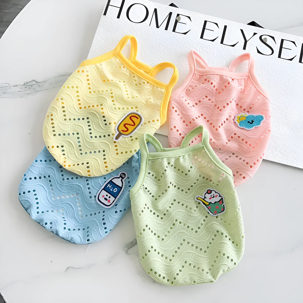Mesh breathable strap dog cooling vest in blue, pink, green, or yellow colour.