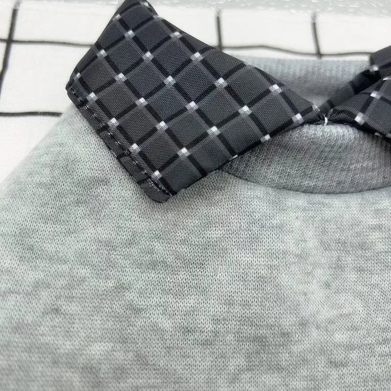 Grey dog sweater with detachable collar hoodie on small breed dog showing front and side views