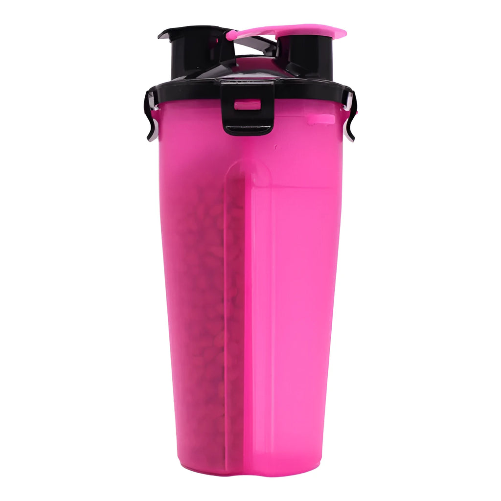 Portable 2-in-1 pet water and food cup showing water reservoir and food compartment