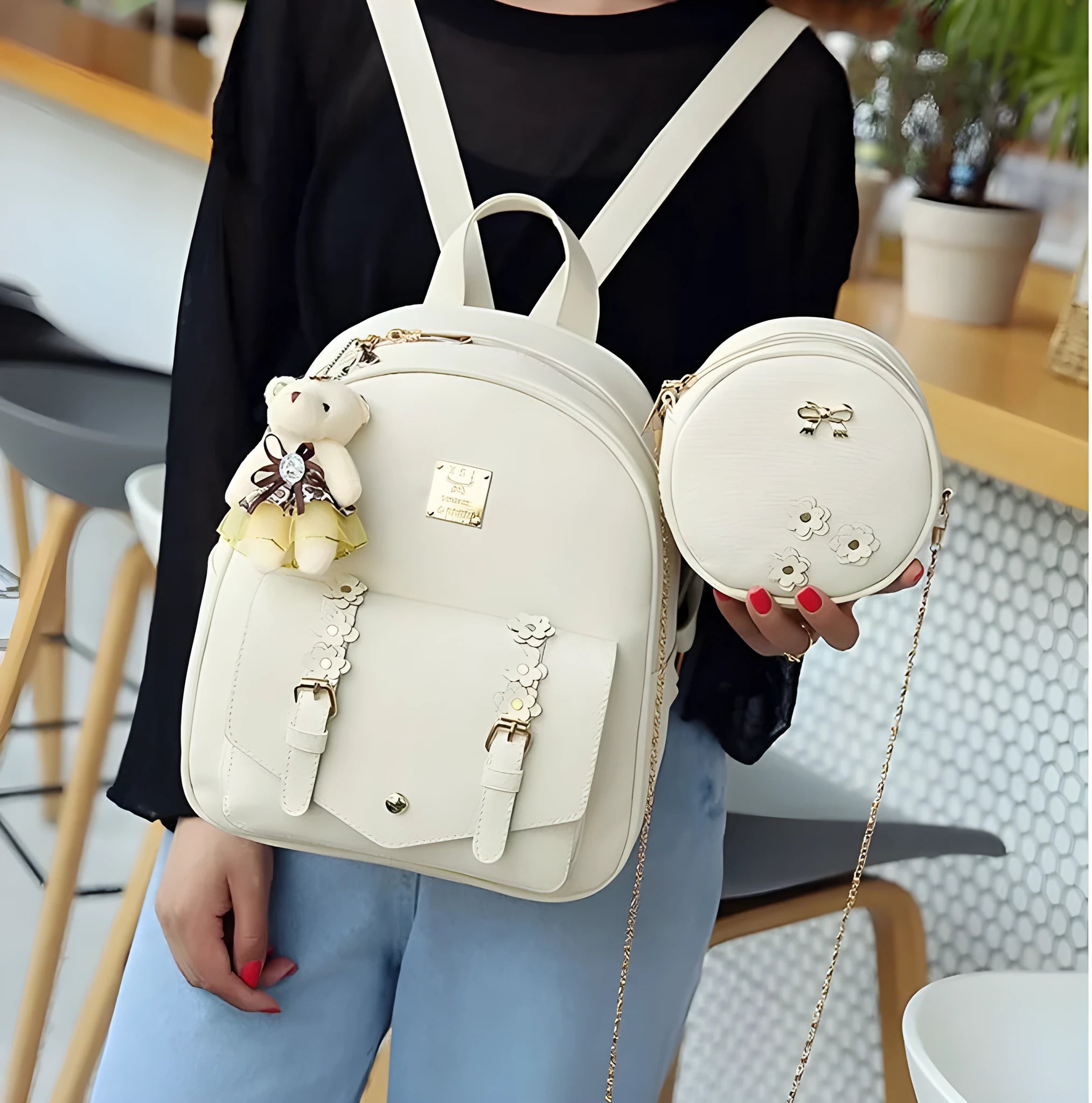 Women's black, grey, pink, or white 3-piece floral PU leather backpack, shoulder bag, and card wallet set.