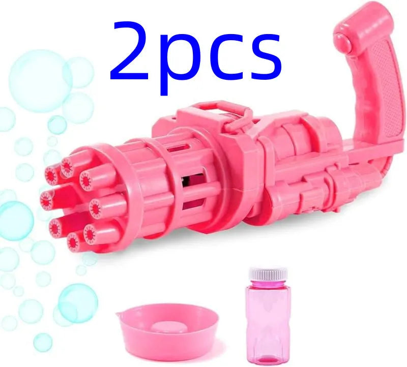 Kids bubble machine gun toy in pink, gold, or black colours with battery compartment and bubble solution