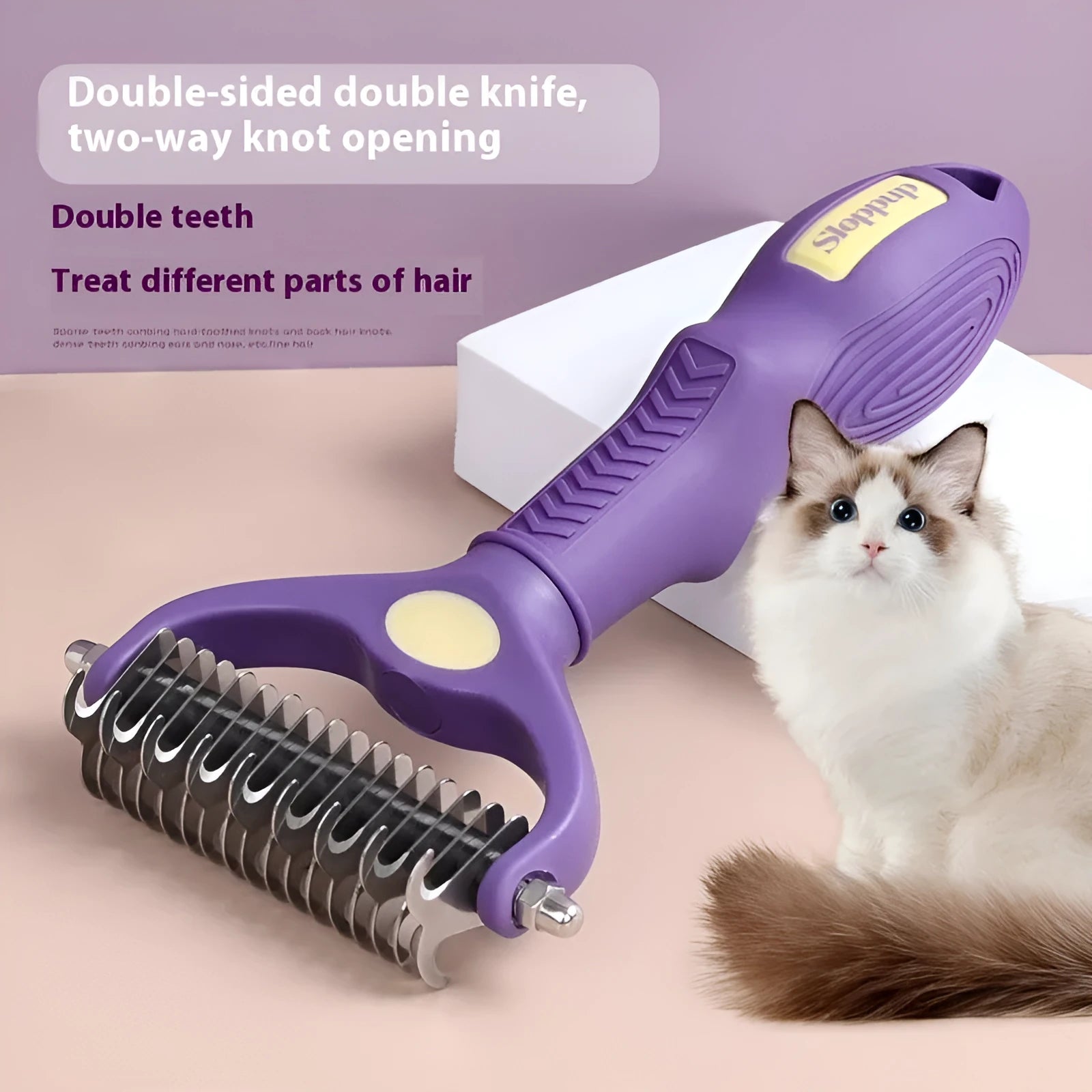 Purple plastic double-sided pet grooming comb for untangling knots on dogs and cats.