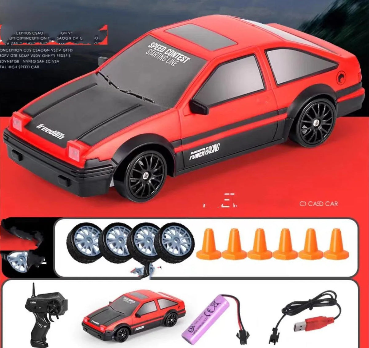 1:24 scale RC drift car with 4WD, 2.4GHz remote, GTR AE86 body, 4 racing tyres and 6 traffic cones