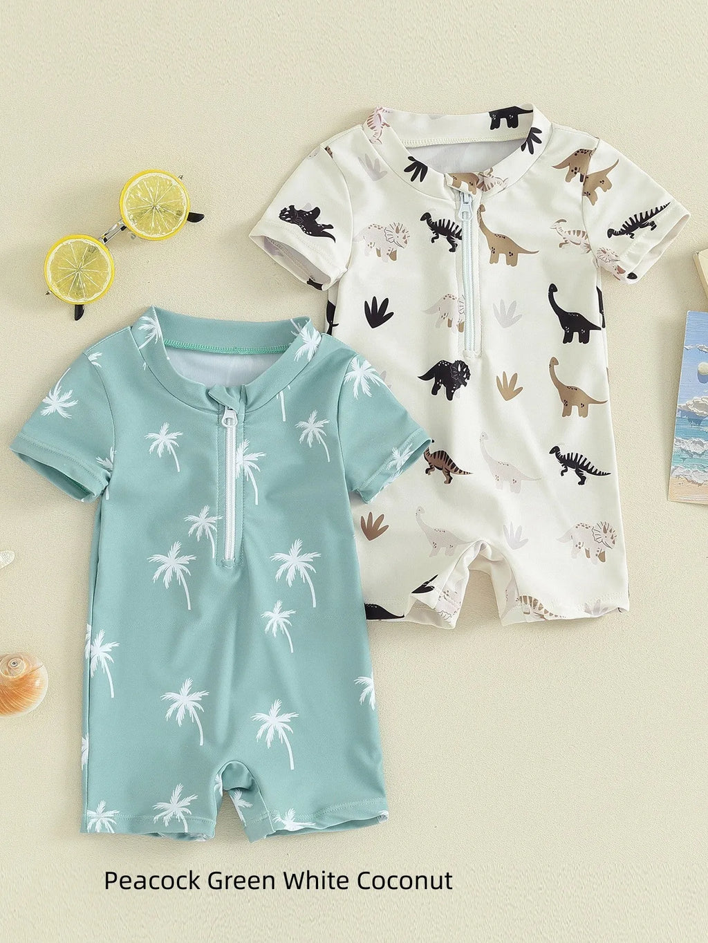 Children's coconut tree printed polyester swimsuit in peacock green and white, suitable for beach and pool