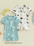 Children's coconut tree printed polyester swimsuit in peacock green and white, suitable for beach and pool