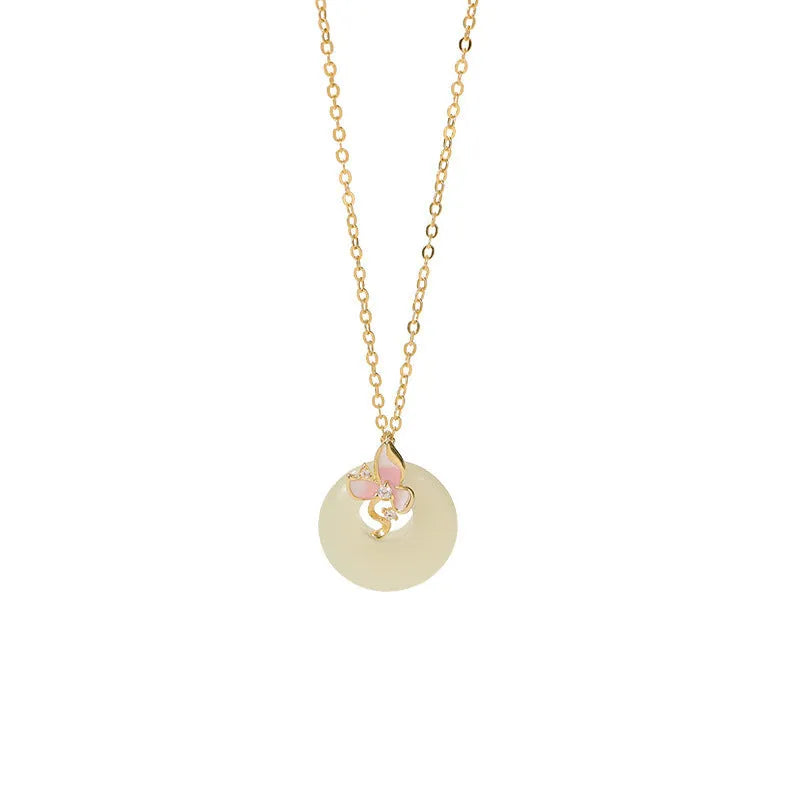 925 silver orchid pendant necklace with a peace buckle fastening on an O-ring chain.