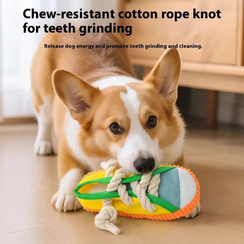 Bendable plastic dog chew toy with squeaker in yellow, black or blue colour options