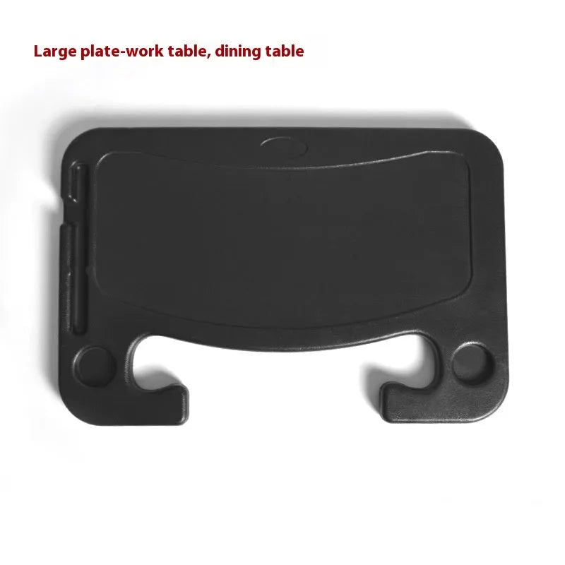 Black ABS car steering wheel laptop stand with foldable drink holder mounted in vehicle